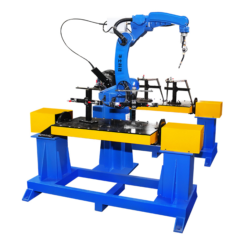 Automatic CNC-controlled six-axis welding robot welding a repeated joint pattern on a fixtured workpiece