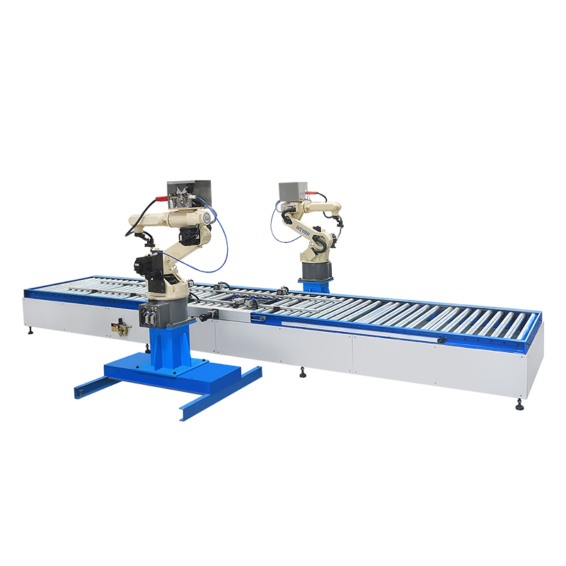 Industrial six-axis servo welding arm with cabling and torch, mounted on a heavy pedestal base