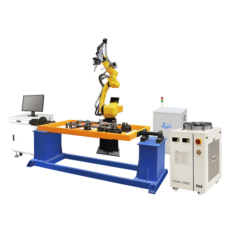 Six-axis industrial arc welding robot on a pedestal welding a steel assembly inside a work cell